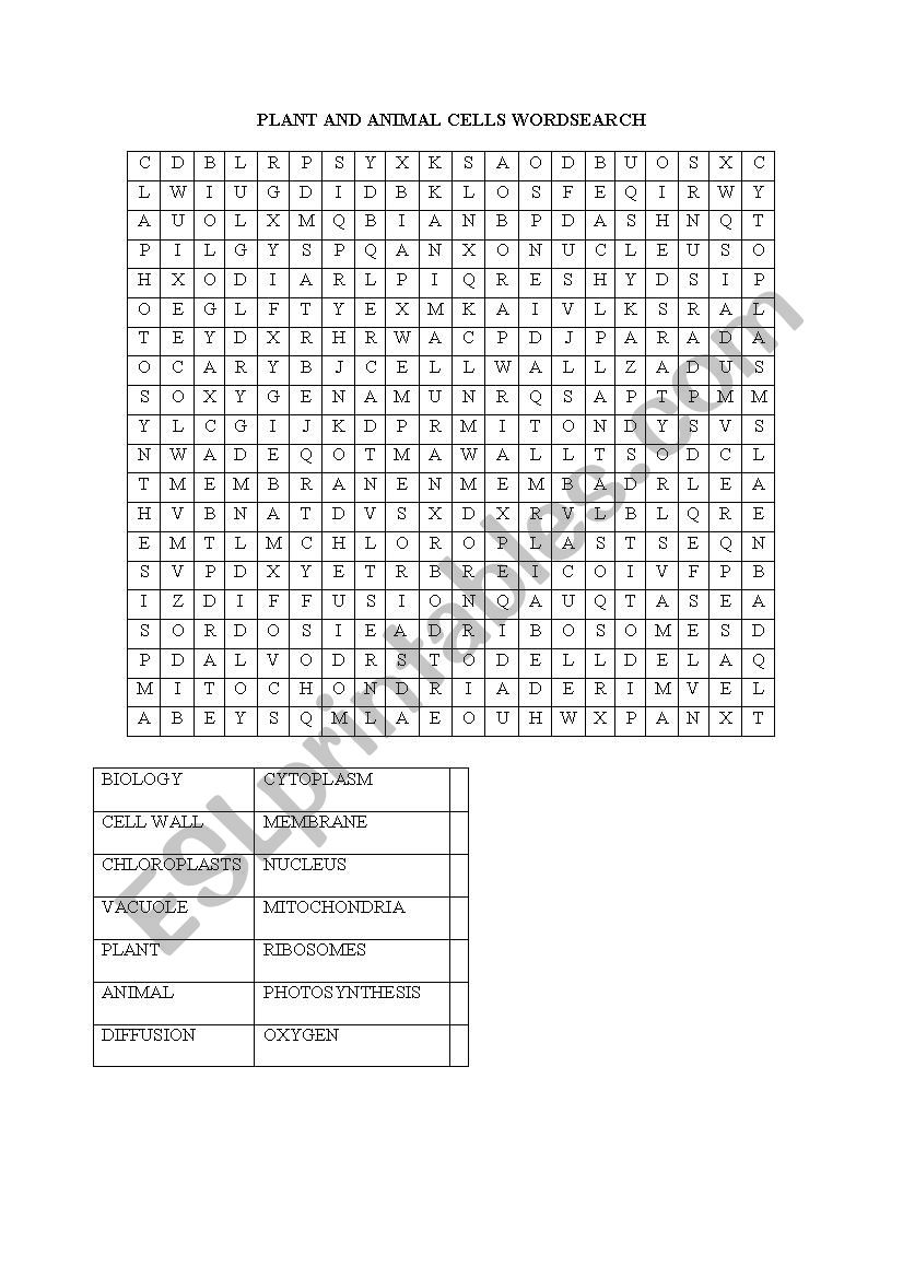 Plant and animal cells wordsearch 