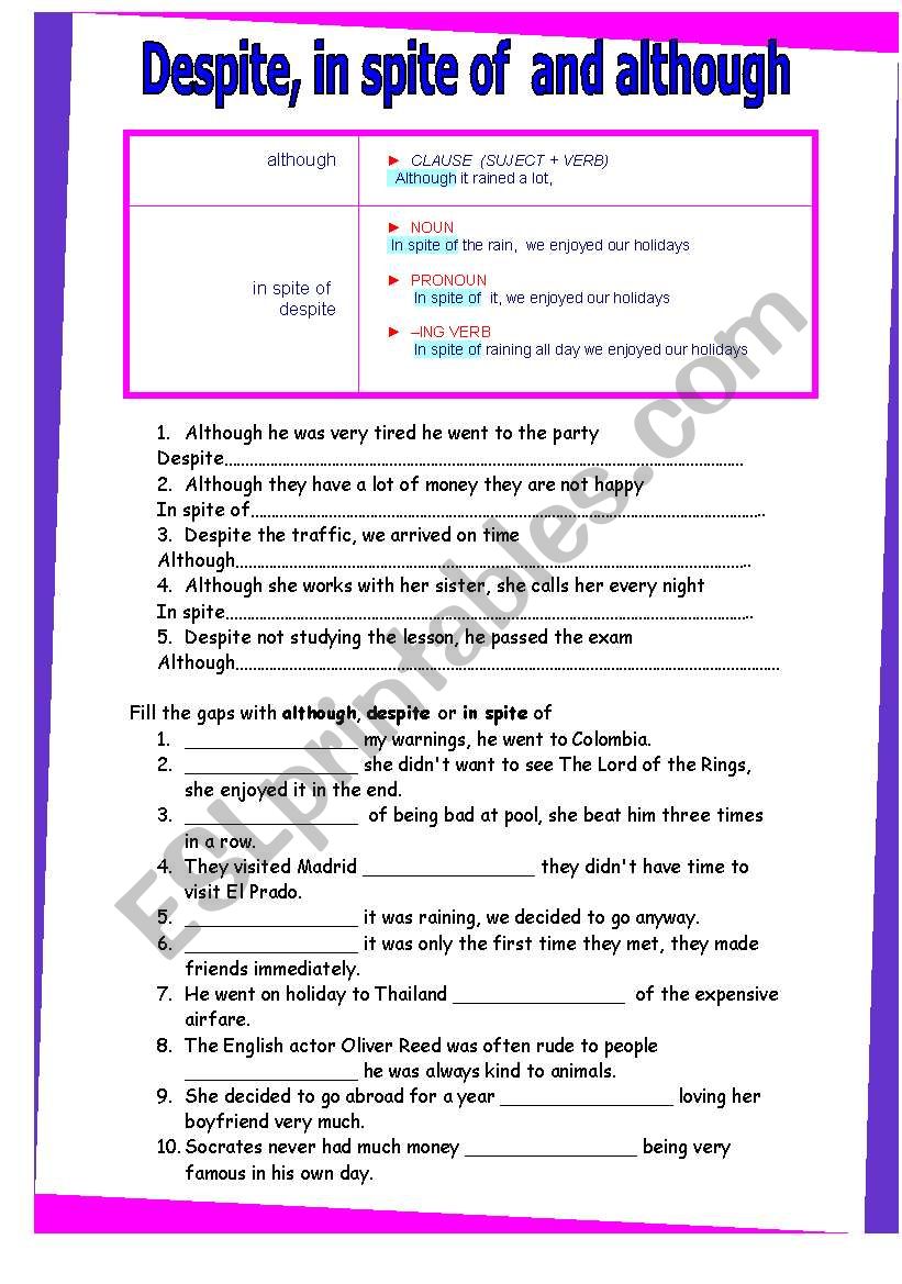 despite, in spite of, although. GRAMMAR WORKSHEET 14