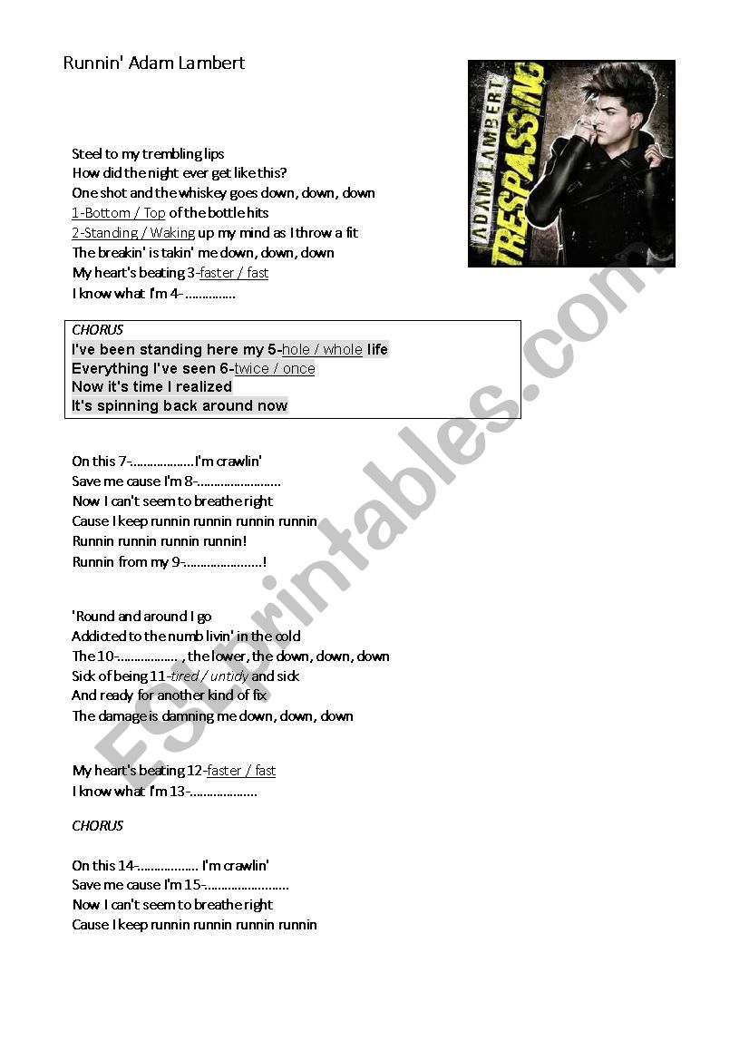 Runnin Adam Lambert worksheet