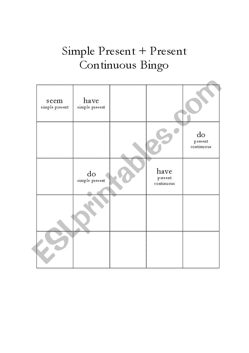 Simple Present / Present Continuous Bingo
