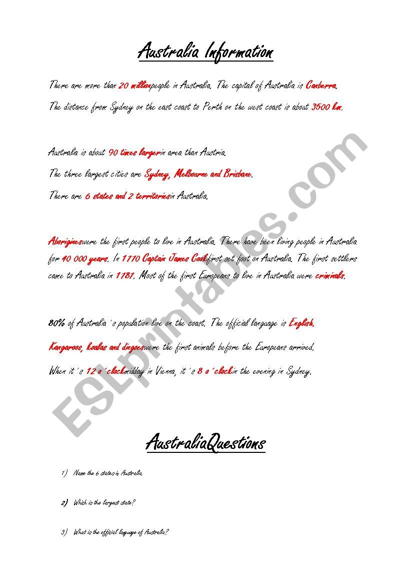 Australia worksheet