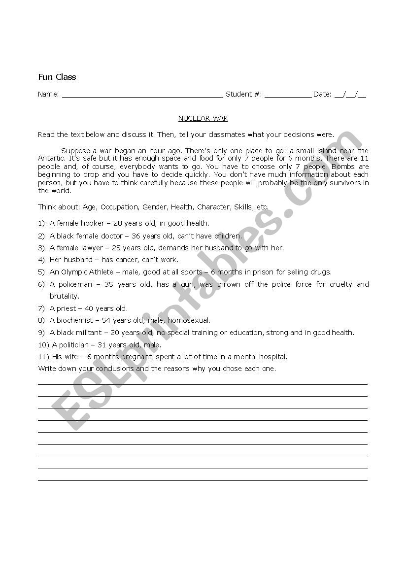 Nuclear War worksheet