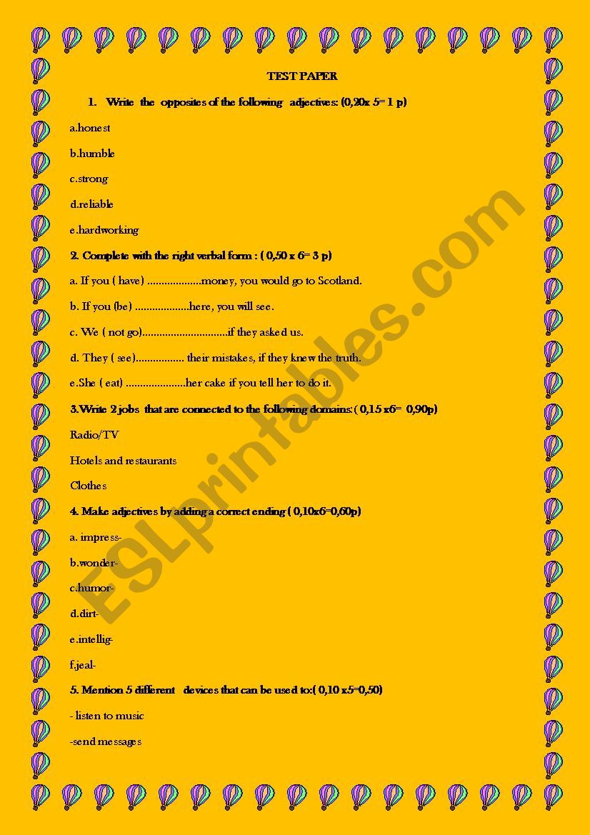 test intermediate worksheet