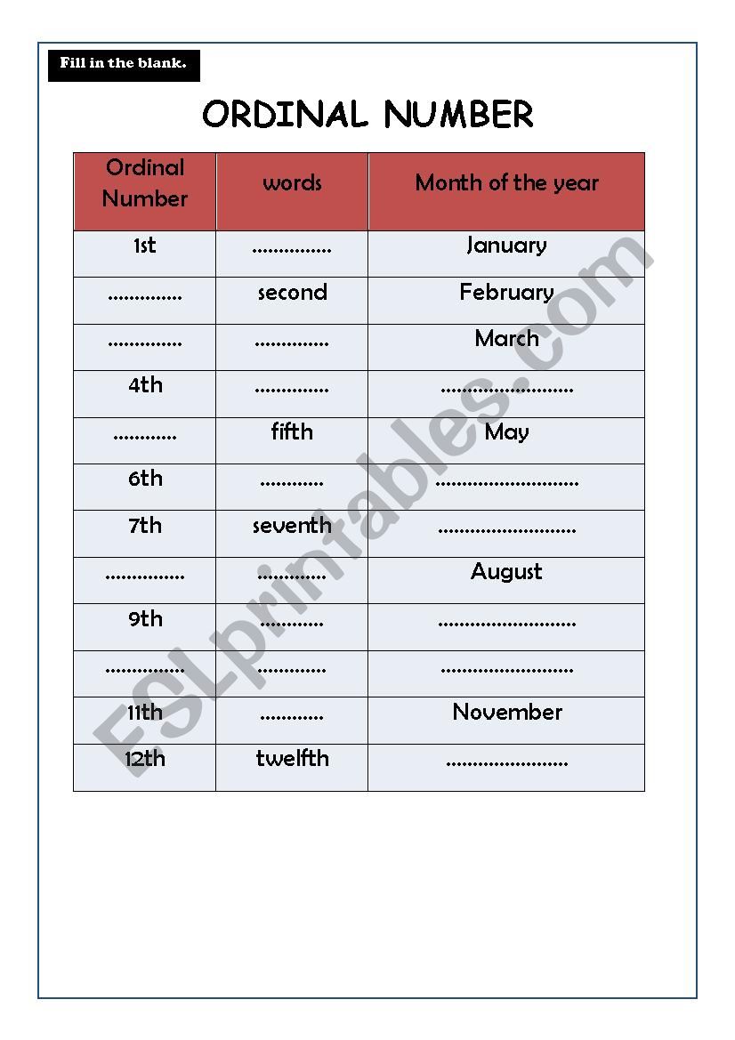 ORDINAL NUMBER worksheet