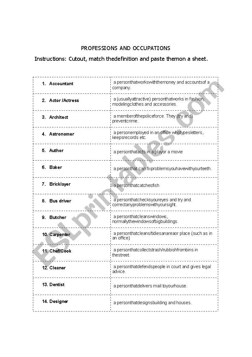 PROFESSIONS AND OCCUPATIONS worksheet