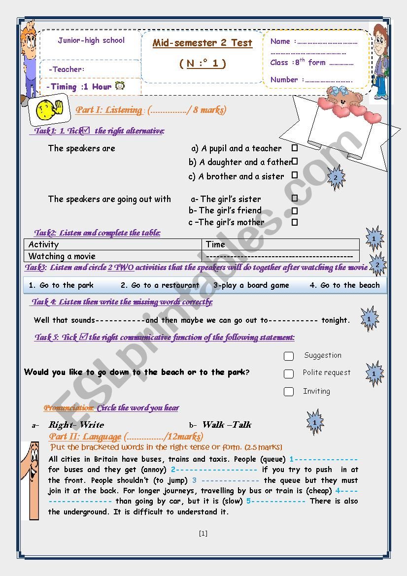 8th form mid semester 2 test 1