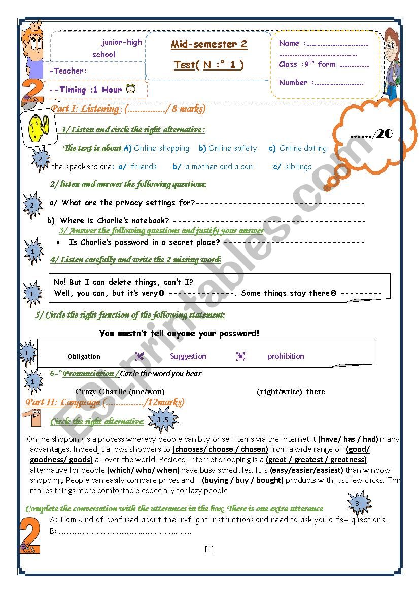 9th mid semester2 test 1 worksheet