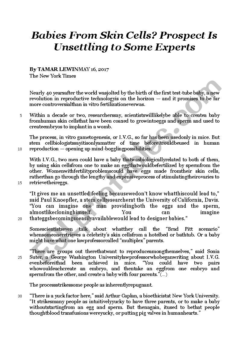 Babies from skin cells worksheet