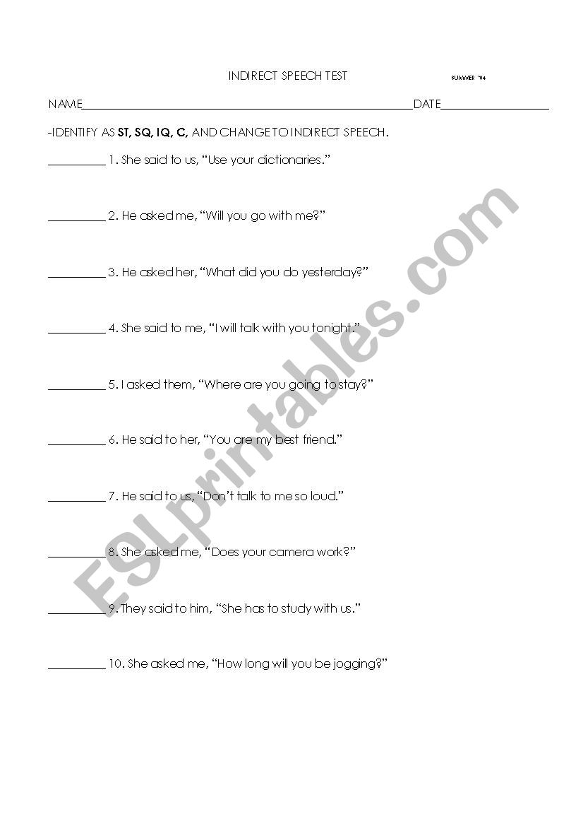 indirect speech worksheet