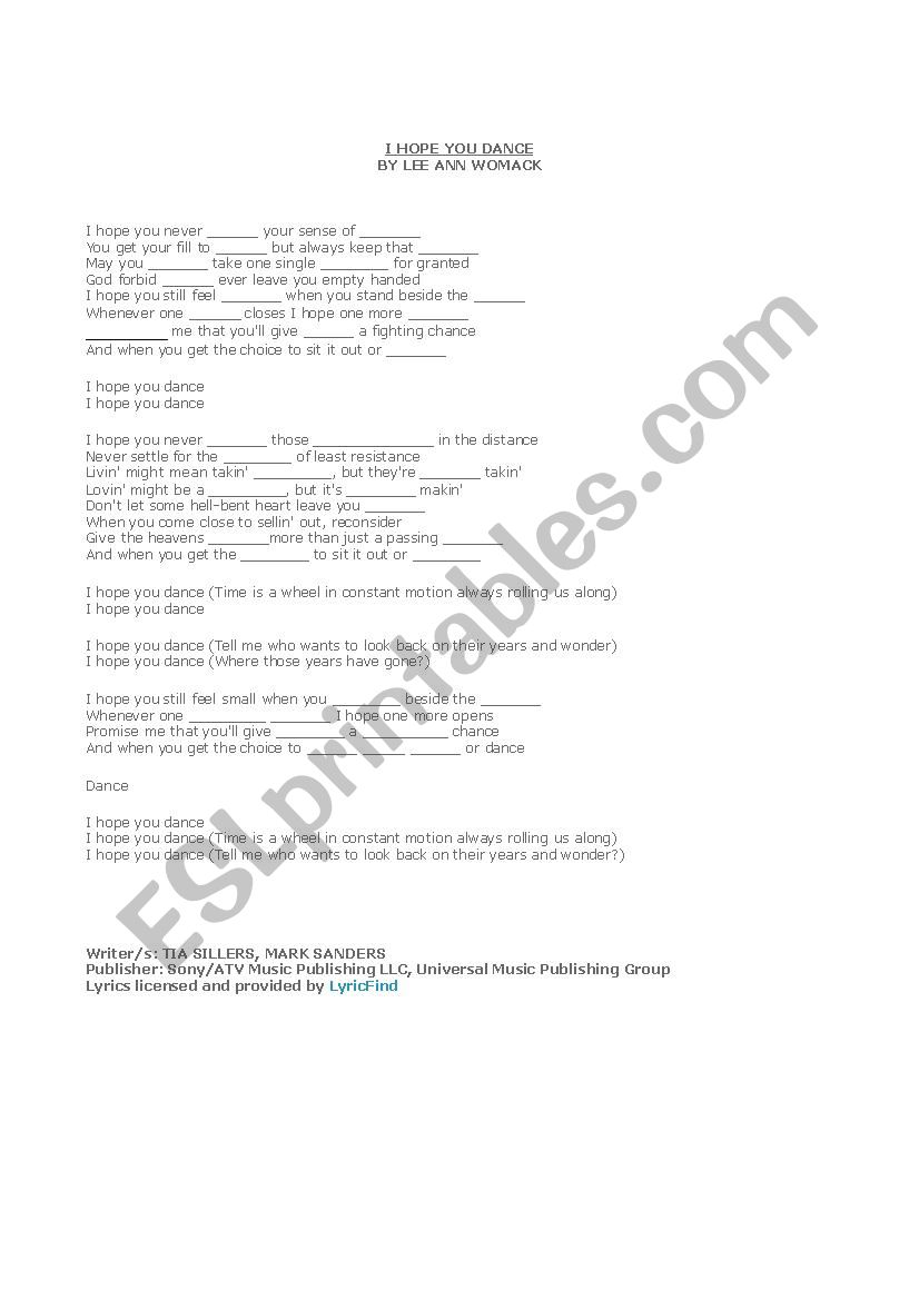 I hope you dance Lyrics Cloze worksheet