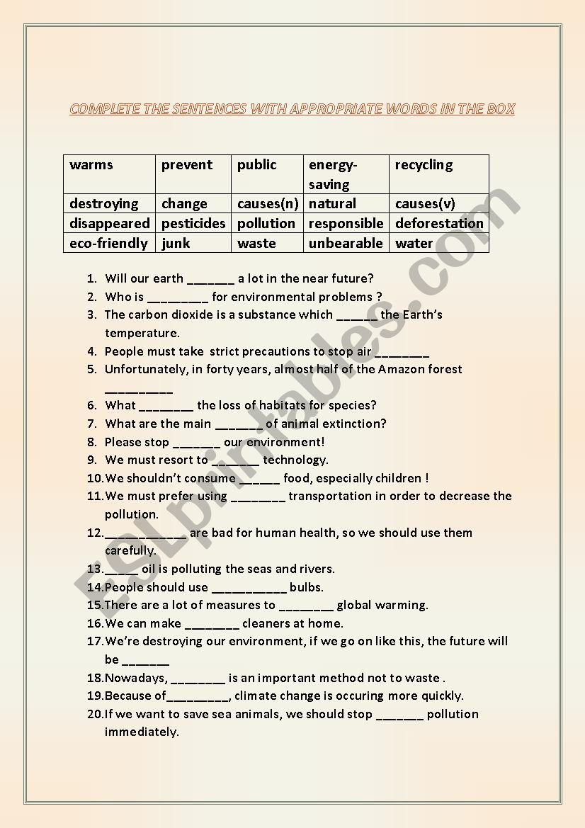 ENVIRONMENT - VOCABULARY GAP FILLING