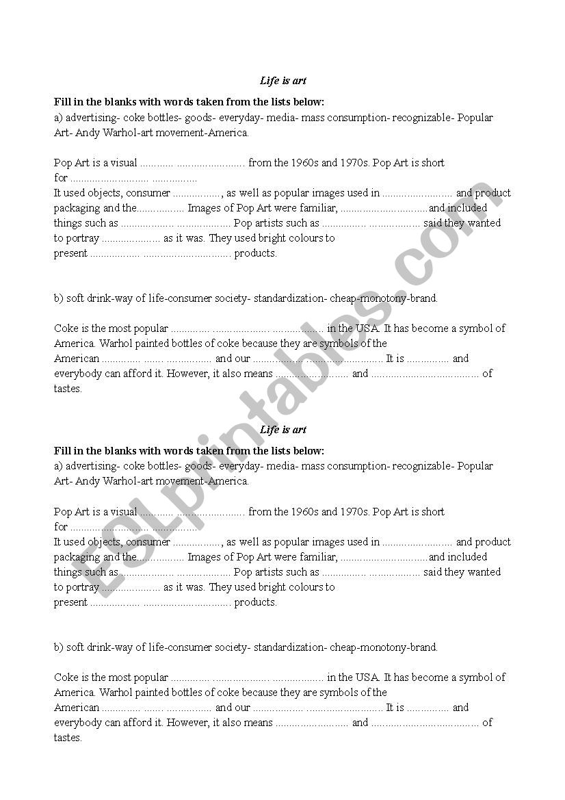 Pop art definition worksheet