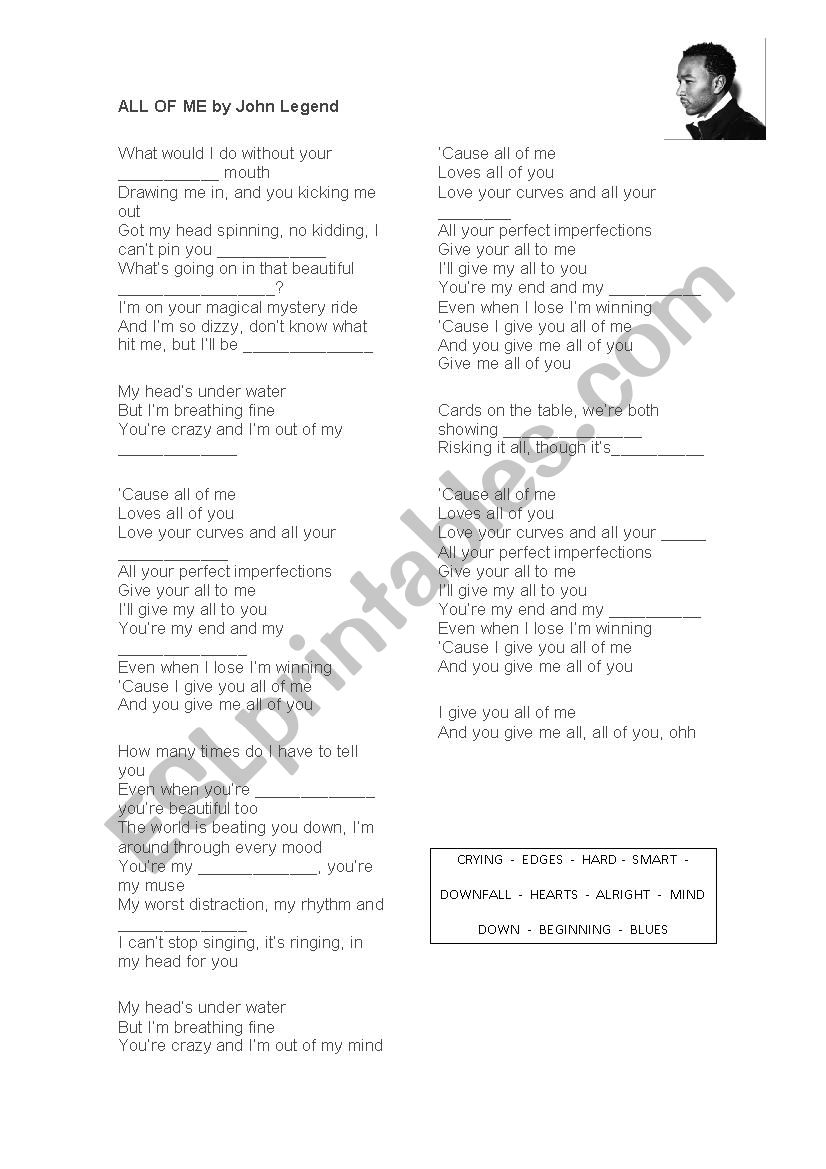 All of me by John Legend worksheet