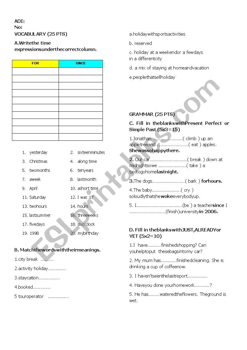 comrehension test for Present Perfect Tense 1