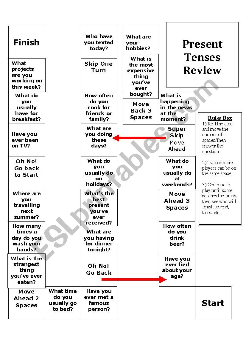 Present Tenses Board Game worksheet