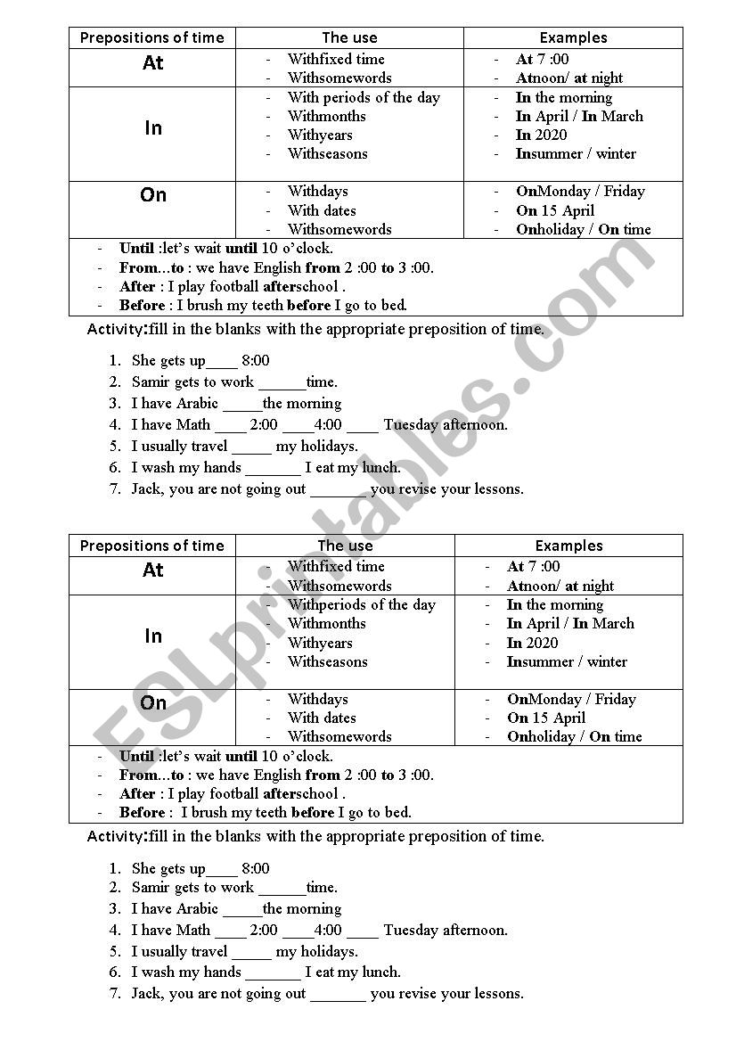 time expressions  worksheet