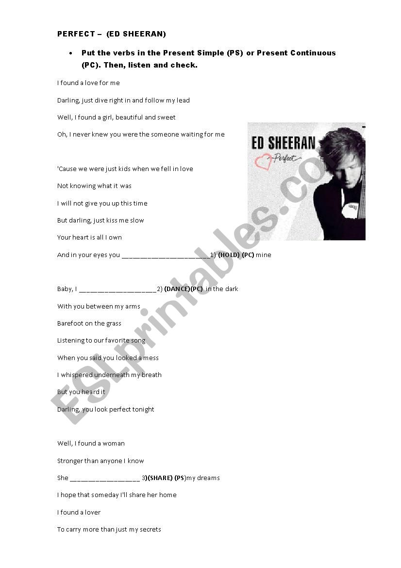 Perfect (Ed Sheeran) worksheet