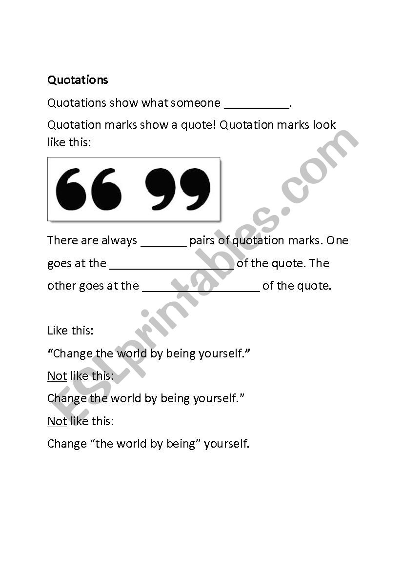 Quotation Marks Fill-in-the-Blanks Beginner Lesson Worksheet