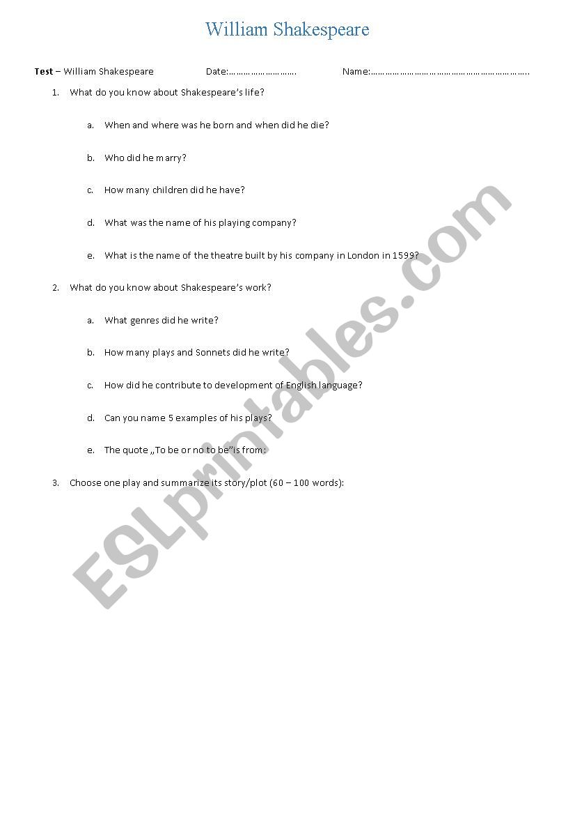 William Shakespeare - test worksheet