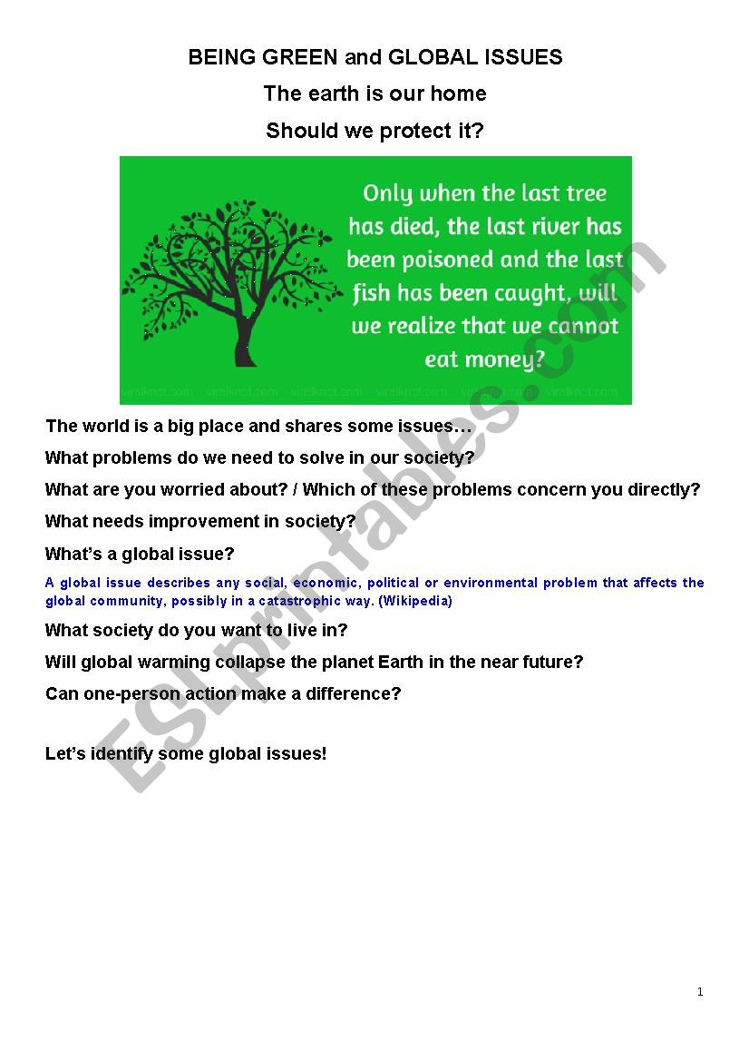 Social Issues & Being Green worksheet