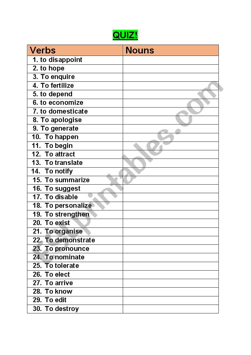 Nouns derived from verbs worksheet