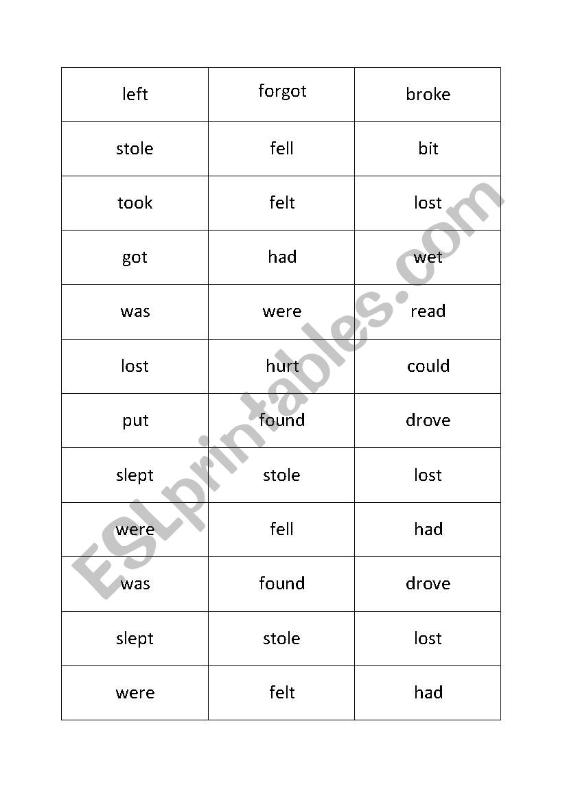 Bingo irregular verbs worksheet