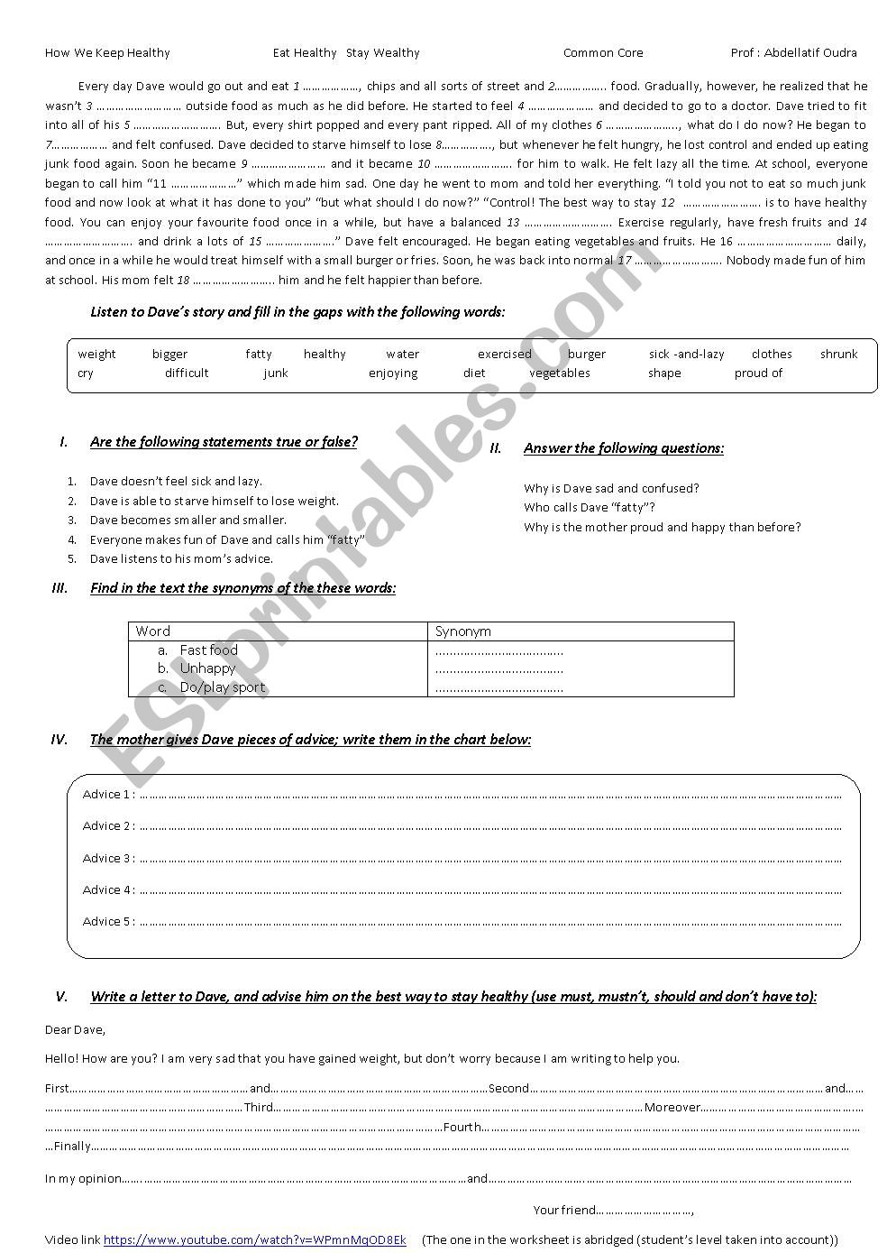 Healthy life  worksheet