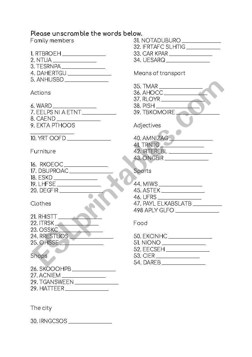 Unscrumble the words  worksheet
