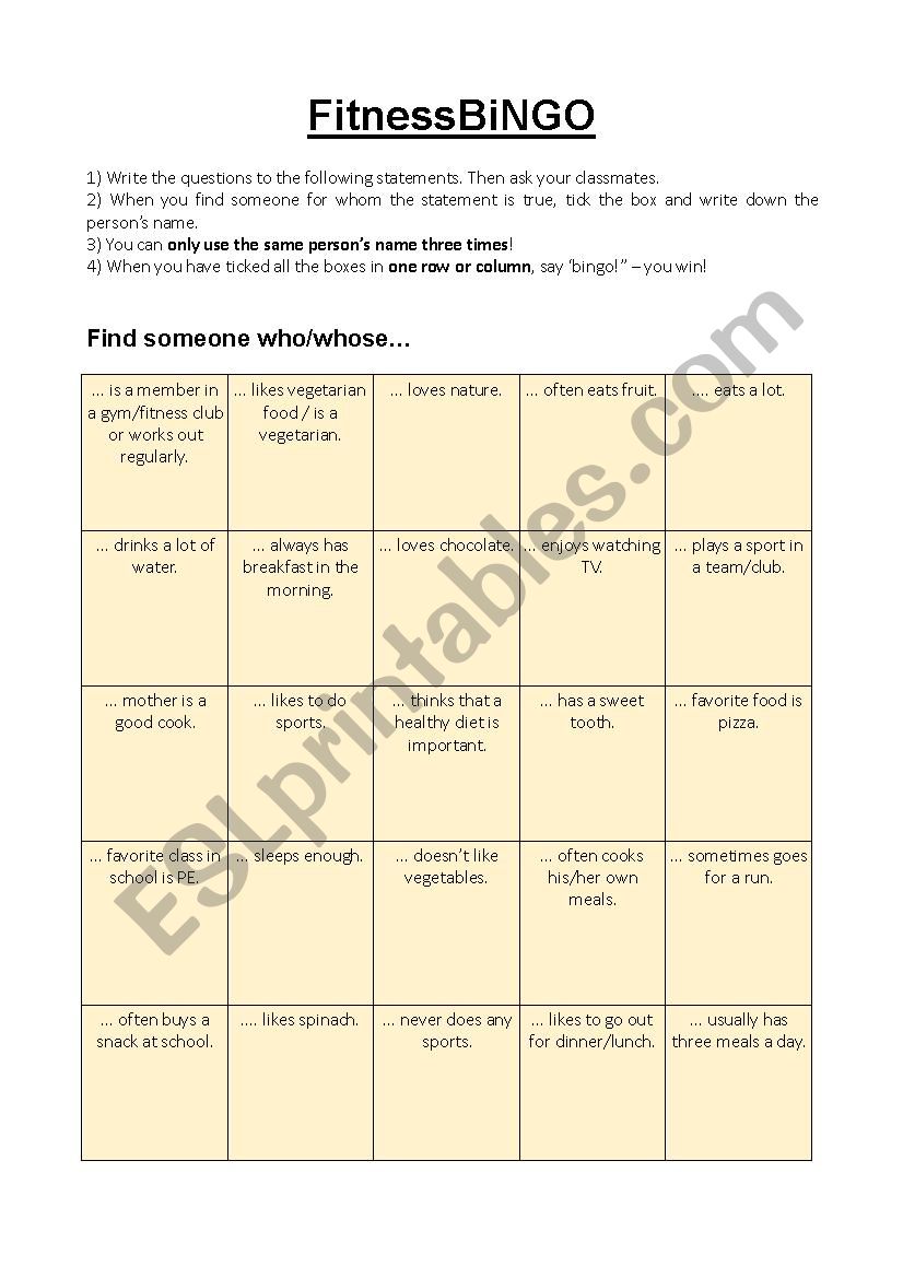 Fitness bingo worksheet