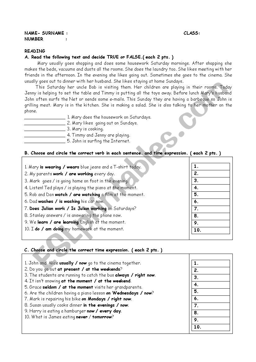 test for 9th classes worksheet