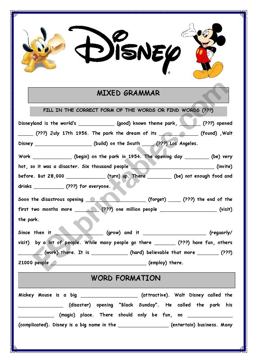 Mixed grammar Disney worksheet
