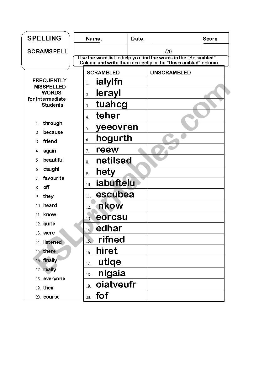 Frequently Misspelled Words Activity