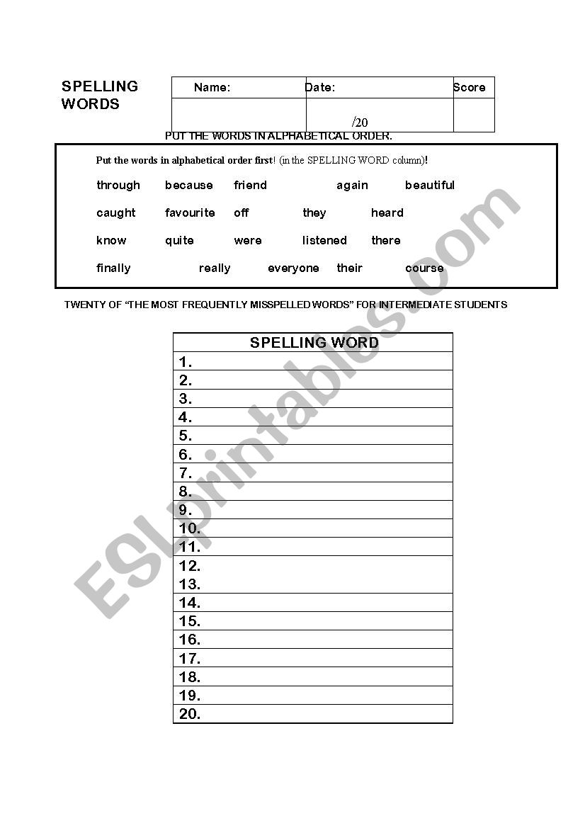 Frequently Misspelled Words 1 worksheet