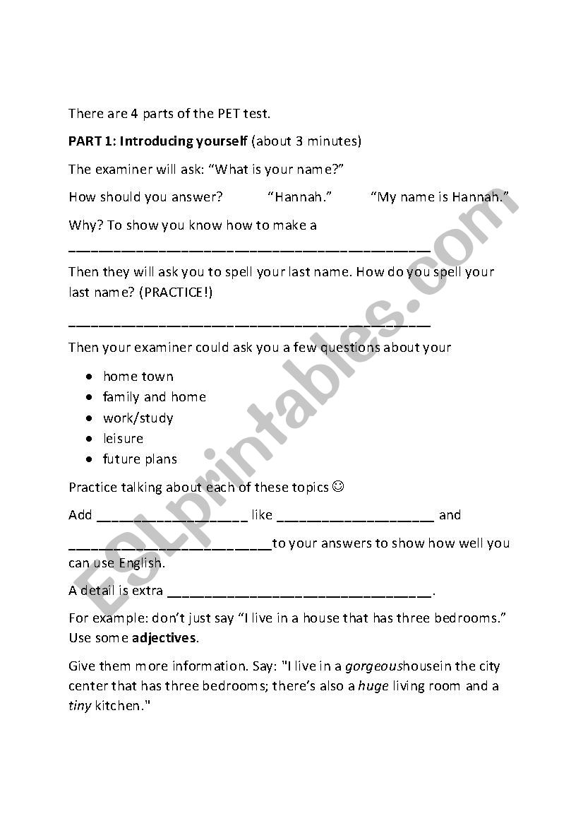 PET (Preliminary English Test) Basics Worksheet 