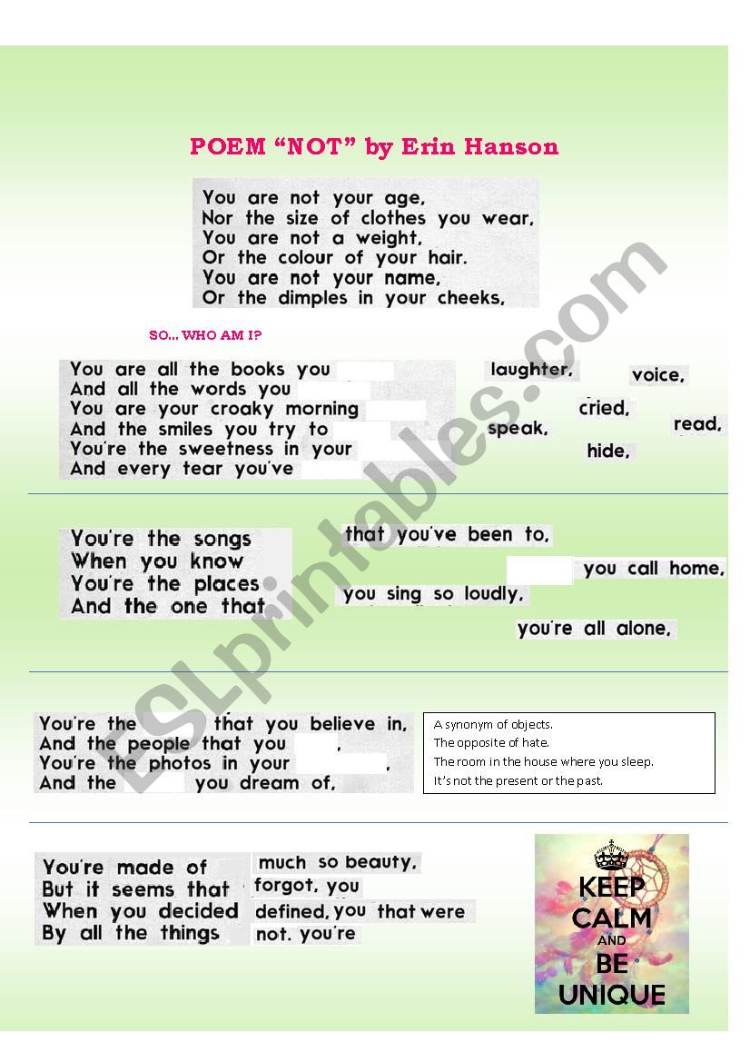 POEM - NOT by Erin Hanson worksheet