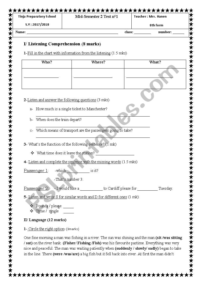 8th Form Test worksheet