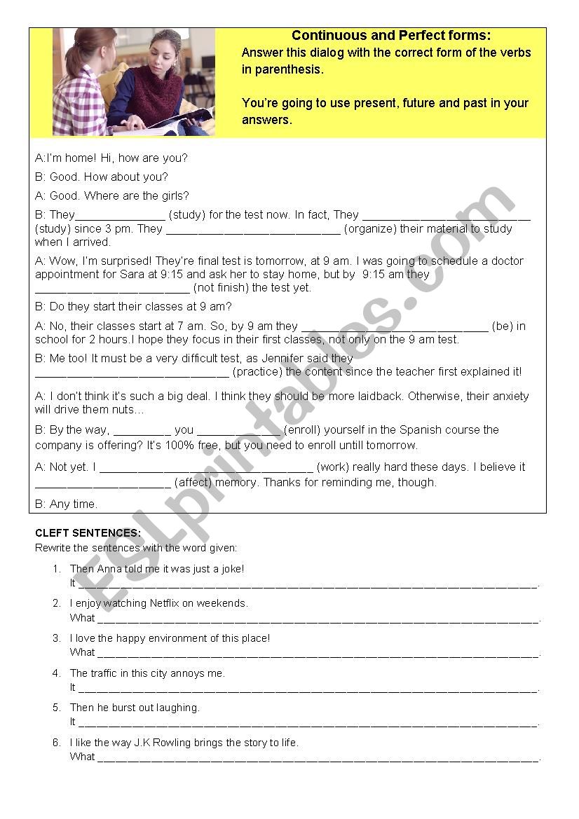 Mixed tenses exercise: Continuous and Perfect + Cleft sentences (with answers)
