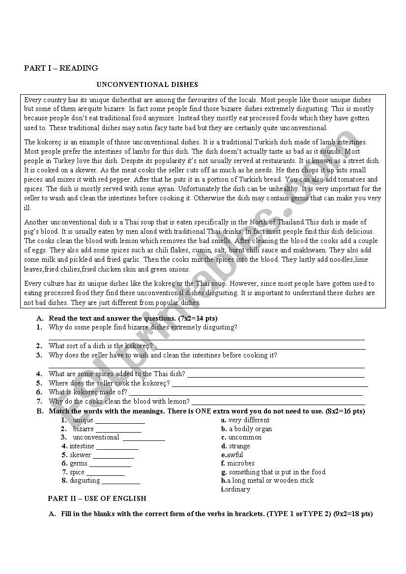 READING, USE OF ENGLISH worksheet