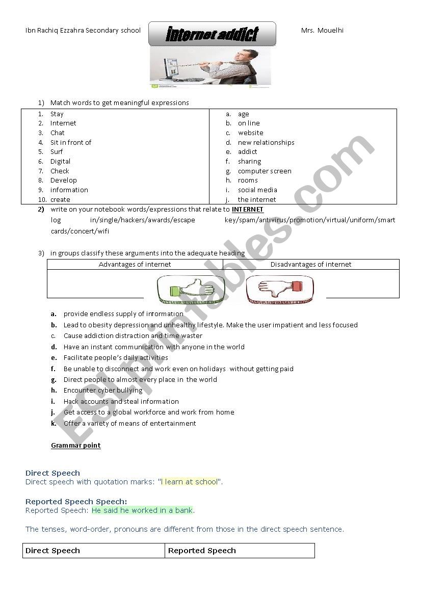 internet addict second year  worksheet