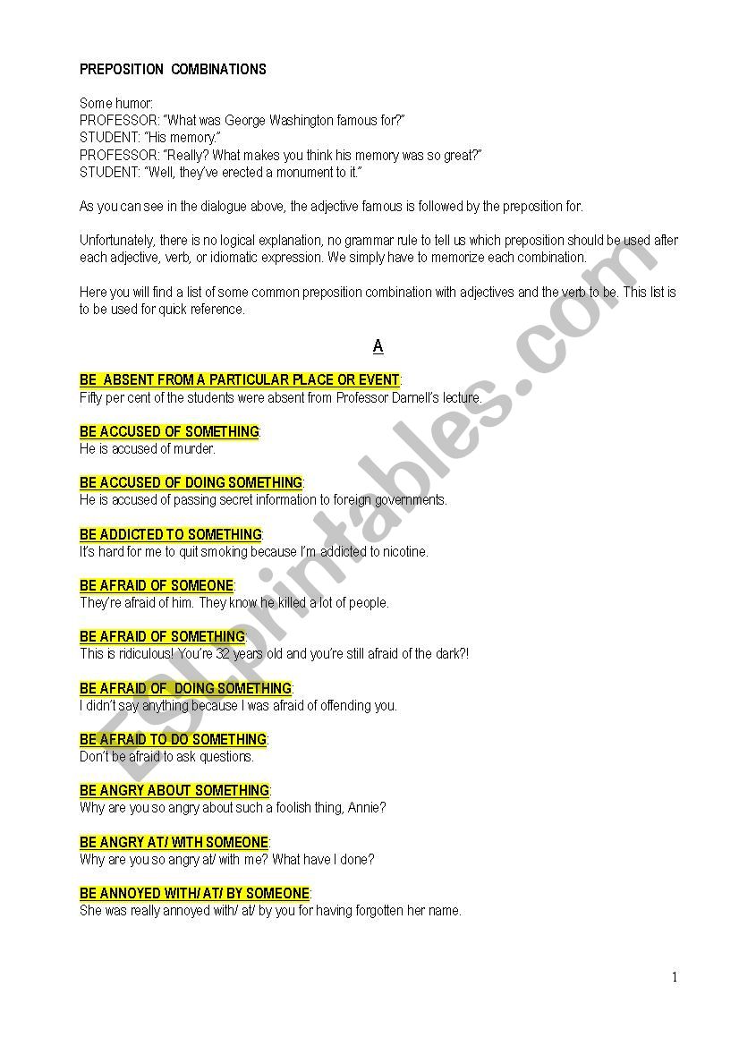 PREPOSITION COMBINATIONS worksheet