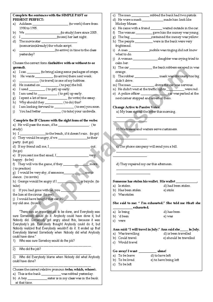 MIxed Grammar Exercises worksheet