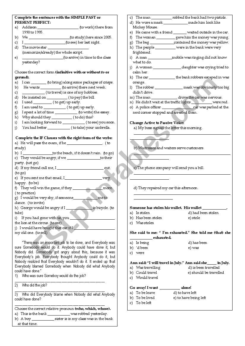 MIxed Grammar Exercises worksheet