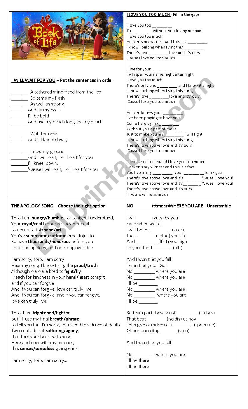 The Book of Life - Songs worksheet