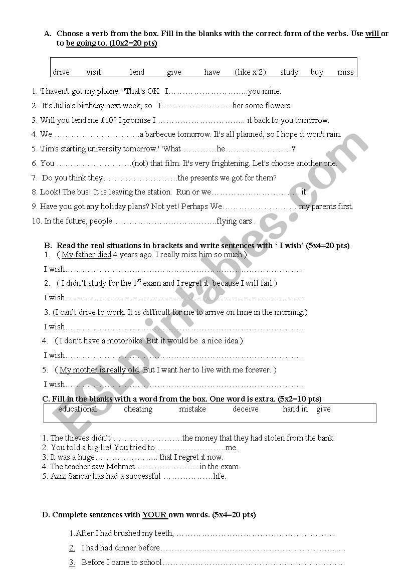 general revision test 1: will or going to, wish clauses, simple past or past perfect