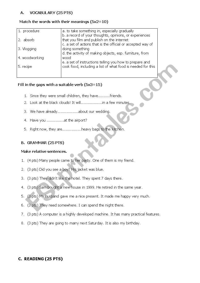 general revision test 1: present perfect-simple past, relative clauses, 