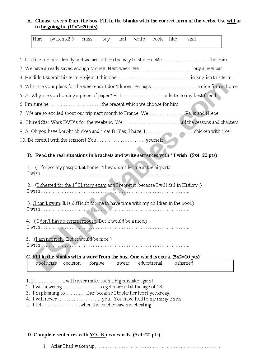 general revision test 2: will or going to, wish clauses, simple past or past perfect