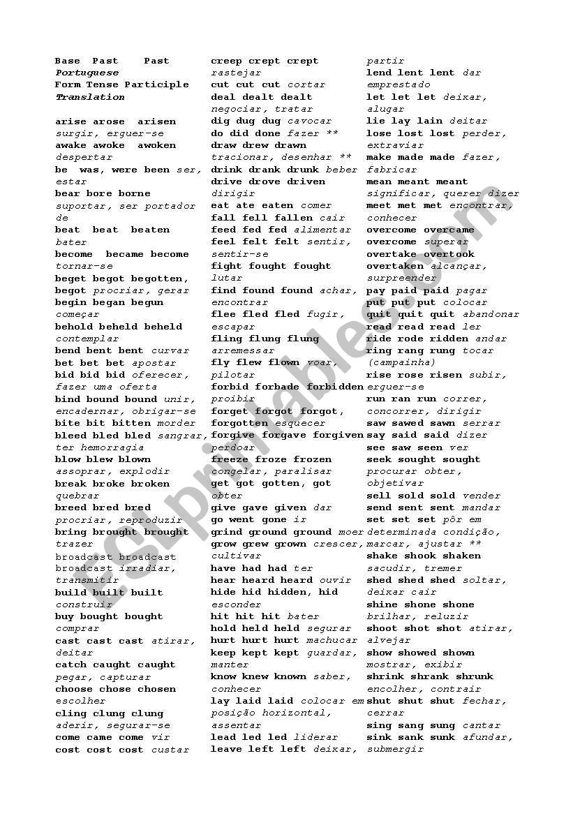 Verbs irregulars worksheet