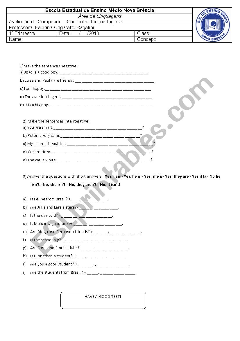 Test to be worksheet
