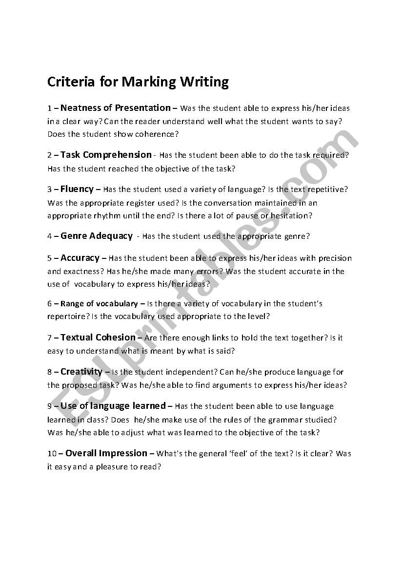 Criteria for making a Writing worksheet