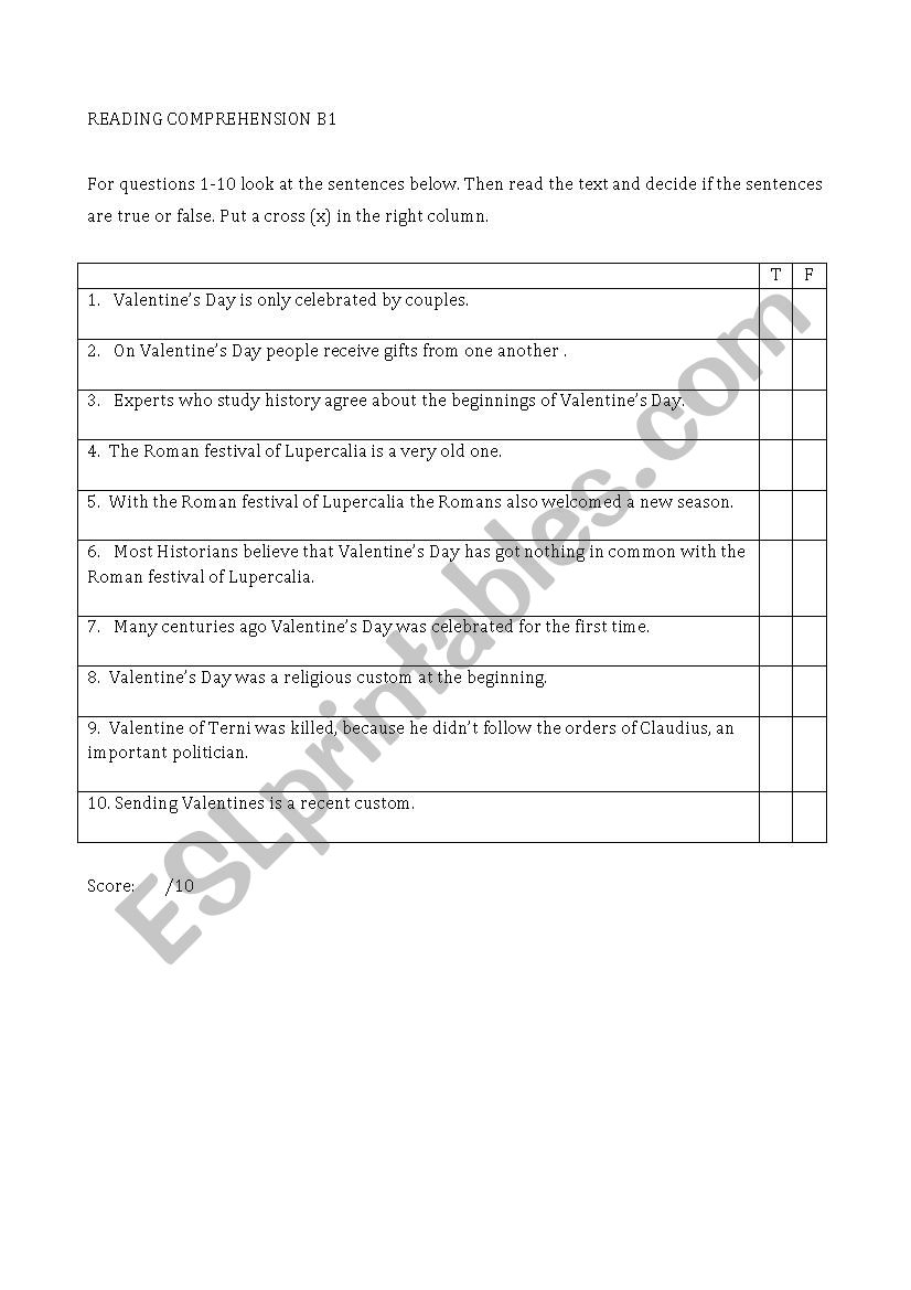 READING COMPREHENSION TEST B1 worksheet